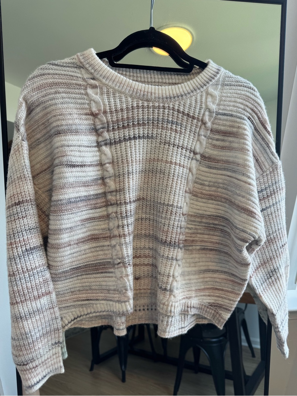 A. Byer Cream & Taupe Striped Cable-Front Crew Sweater